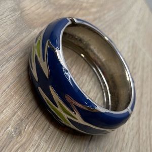 Blue green and silver cuff bracelet, Aztec zig zag design